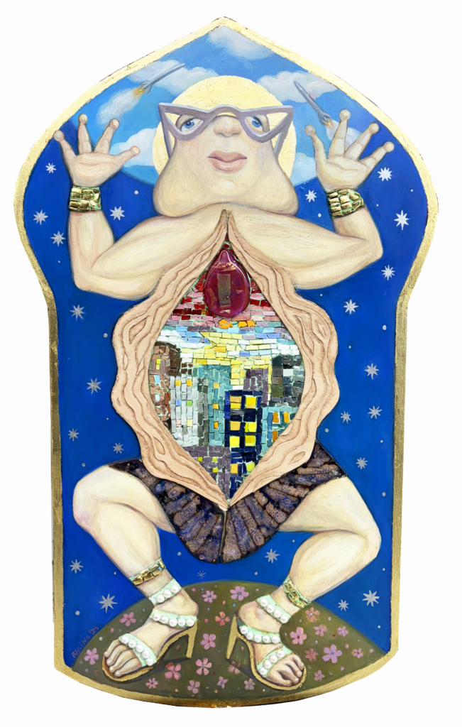 Viktoriya Basina Folk Toys: Frog. Oil, glass and stone mosaics, pearls, embossed leather, vitreous enamel, fused glass, gold leaf on wood. 34" x 16" 2025