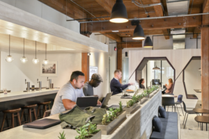 Shared workspace with stylish light fixtures and greenery