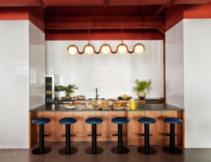 Kitchen at The Shop BK coworking space in Gowanus, Brooklyn with catered spread