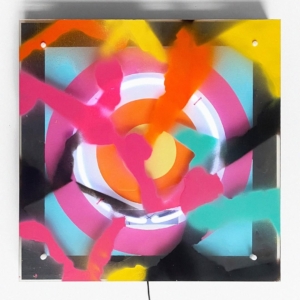“Rollerskate Lollipop,” Collaborative neon painting with Brady Caldwell (@folk_poke). Latex paint, spray paint, recycled white neon light, acrylic sheet, nylon fasteners, pink zip ties & hot glue on cradled wood panel, 20” x 20,” 2022. Sam Smouha